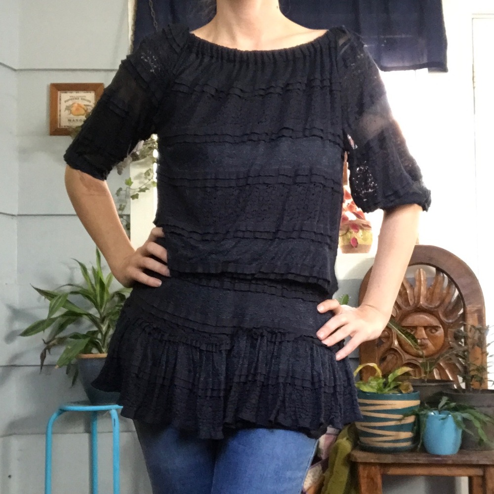 Navy blue ruffled lace tunic top